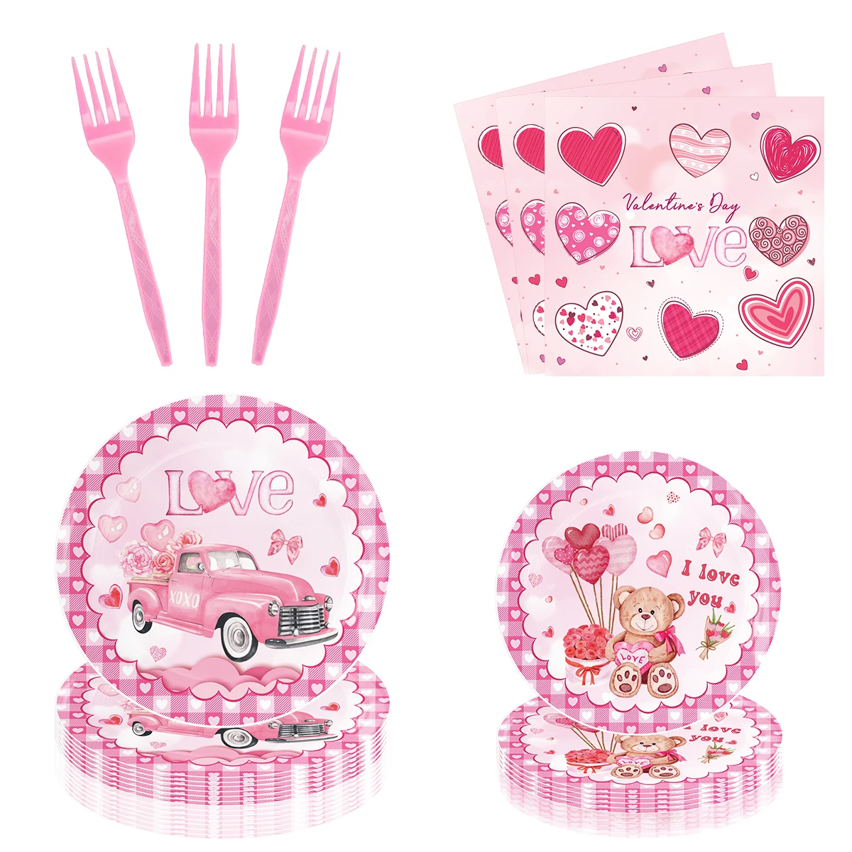 Valentine Day Pink Party Supplies Set Include Paper Plastic Spoons Forks Knives 9/7 Inch Disposable Dinner Dessert Plates