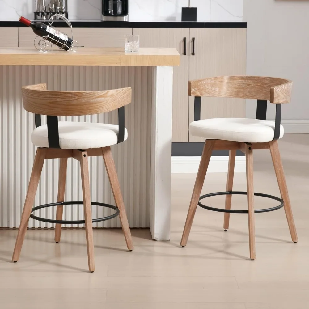 Modern Counter Height Swivel Bar Stool Set, 26 High with Footrest, Linen Upholstered Seat, Sea-Inspired Design