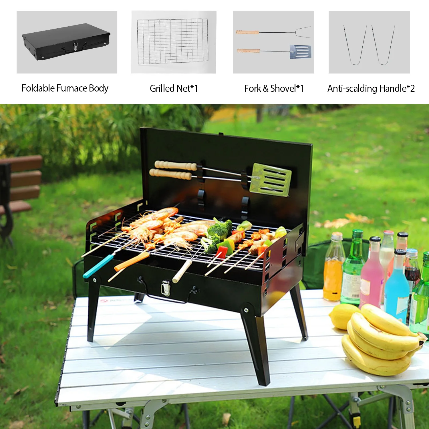 

16.7x10x17.7in Portable Charcoal Grill Foldable BBQ Suitcase Grill Shelf For Outdoor Camping Picnics Garden Grilling