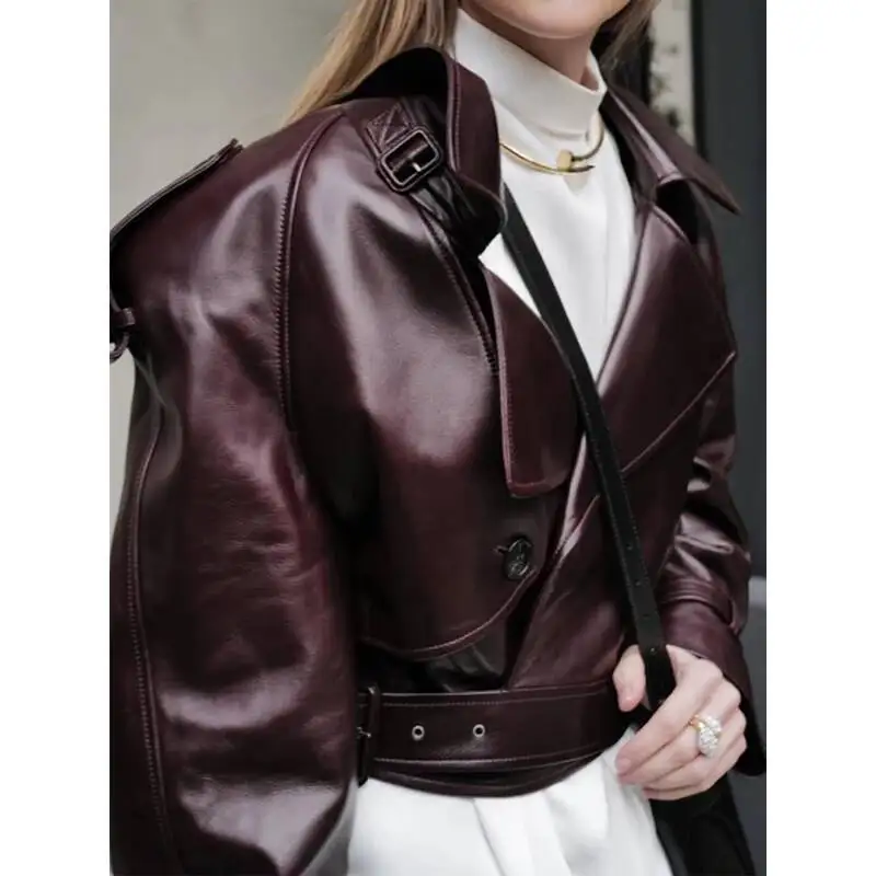 

Wine Red Retro PU Autumn And Winter Women's Street Temperament Lapel Tie Warm Slim Fit Office Casual Short Jacket