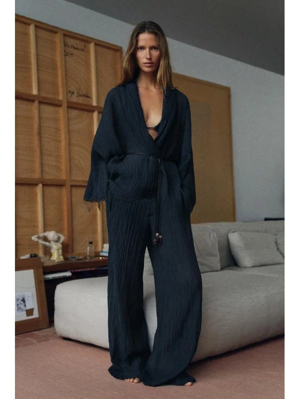 V-Neck Long Sleeve Jacket with Beaded Waist Belt High Waist Elastic Wide Leg Pants Fashion Set for Women Summer Workwear