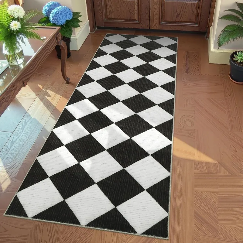 

Checkerboard Pattern Runner Rug Classic Minimalist Geometric Hallway Carpet Non-slip Soft Floor Mat for Entryway Living Room