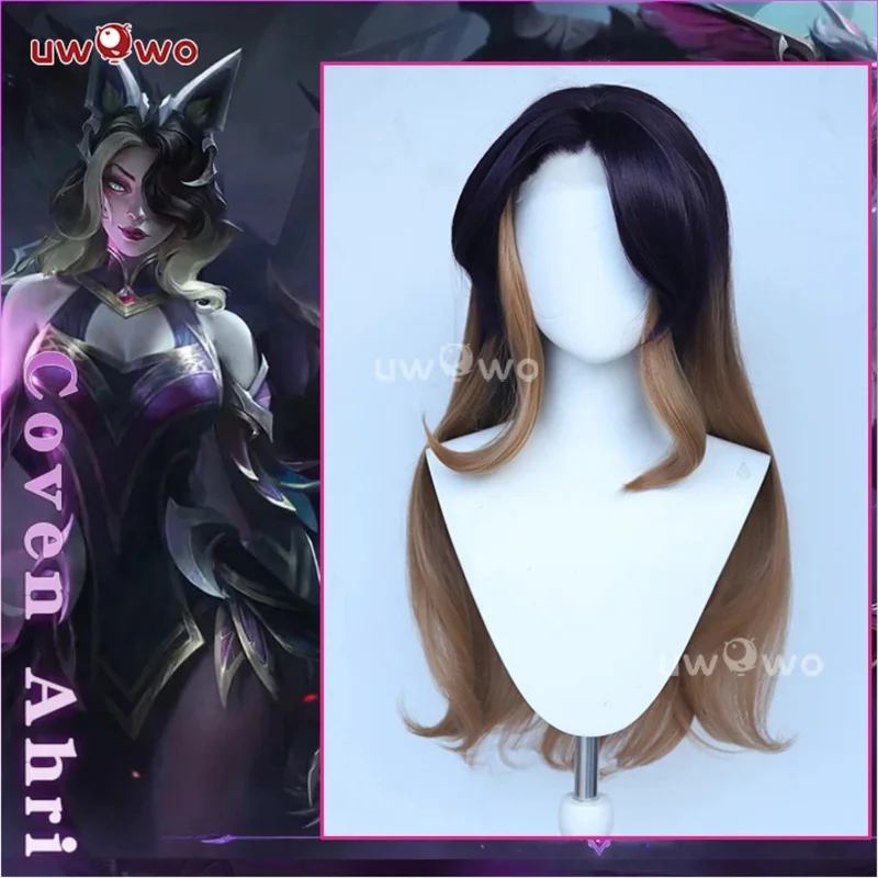 qq28LQUWOWO Coven Game League of Legend Cosplay Ahri شعر مستعار ساحرة للهالوين 75 سم شعر كتان أرجواني
