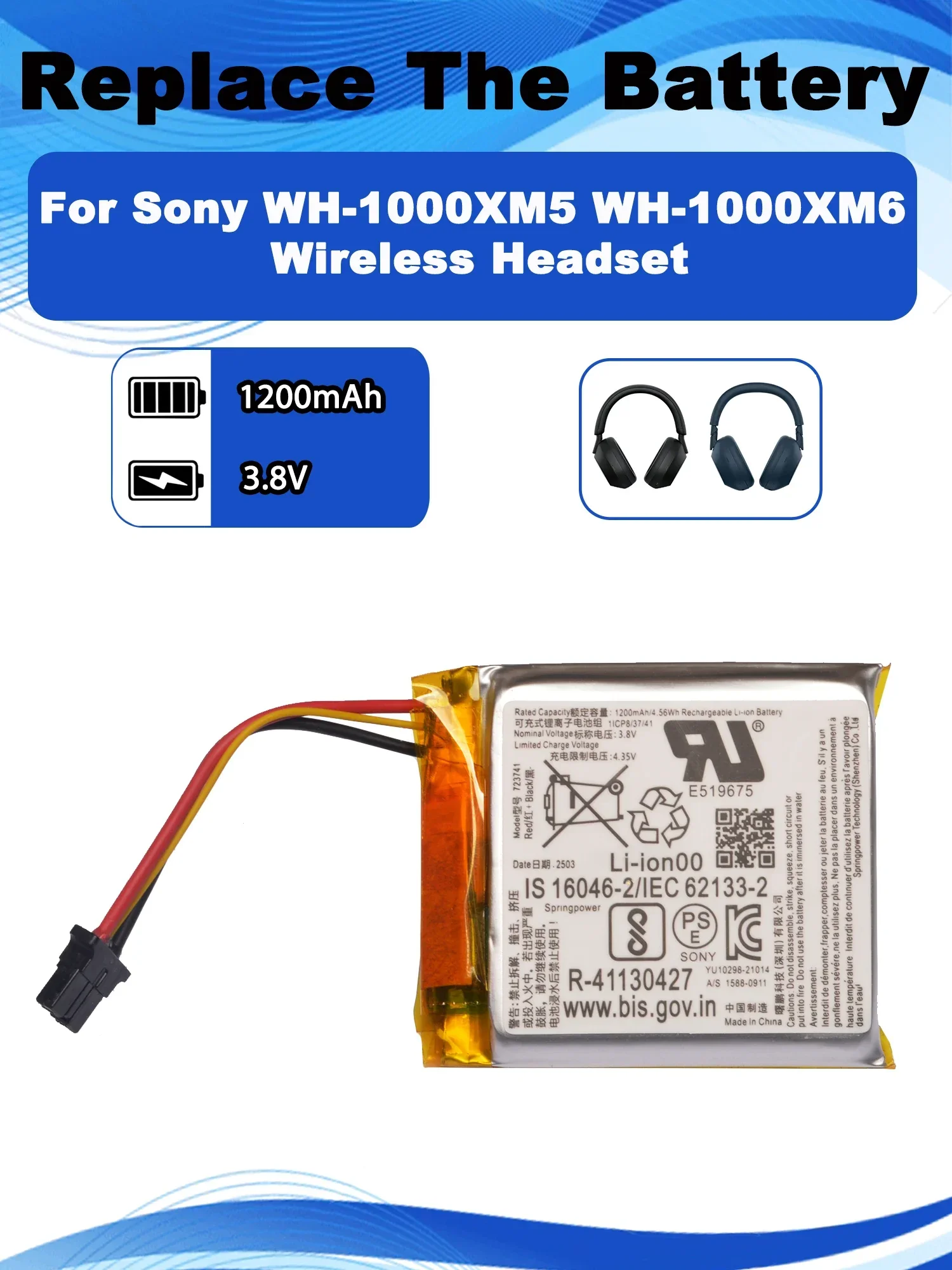 3,8 V, 1200 mAh – bateria zamienna do bezprzewodowych słuchawek Sony WH-1000XM5 i WH-1000XM6, numer modelu 723741. — zdjęcie produktu 2
