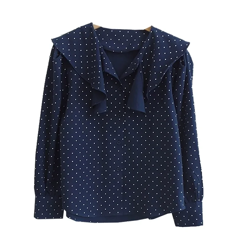 Spring New Loose Puff Long Sleeve Polka Dot Blouse Korean Style Chic Irregular Peter Pan Collar Shirt Casual Ruffled Tops Blusas