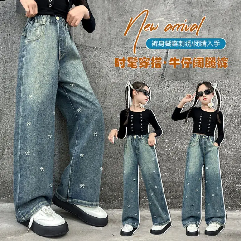 

Child Stretch Denim Pants Sweet Bowknot Kids Spring Autumn Wide Leg Trousers Age 5 To 14 Y Teenager Girl Fashion Jeans With Bows