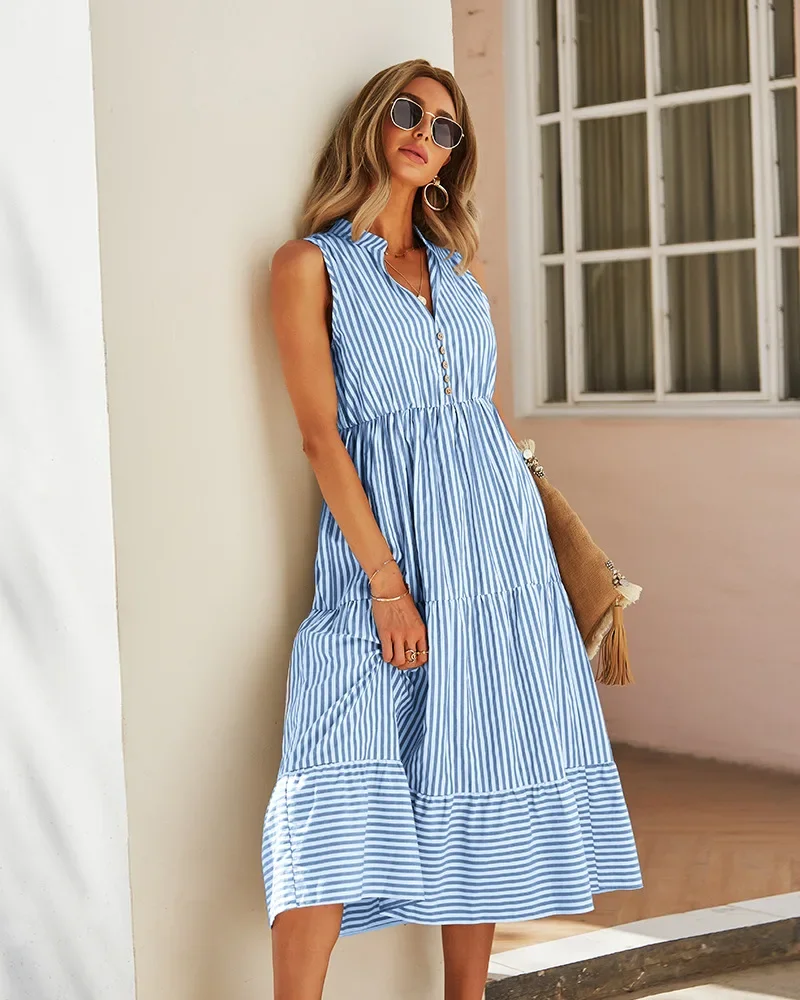 BWQ-Vestido camisero a rayas para mujer, sin mangas con traje largo cuello en V, botones informales, línea A, ropa para vacaciones en la playa, Verano