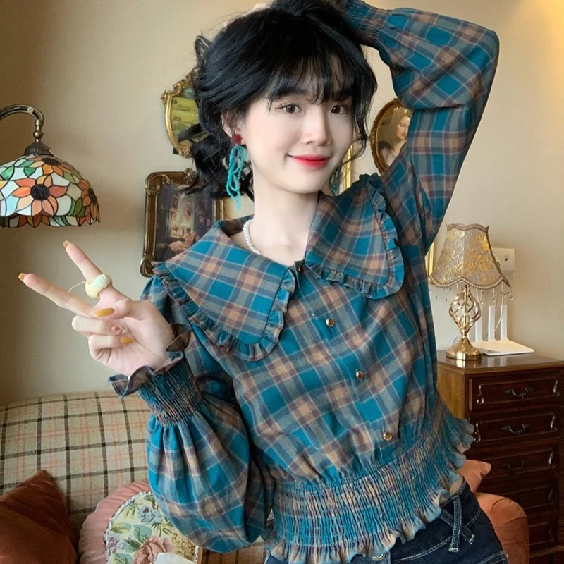 

Retro Plaid Women Shirt Peter Pan Collar Flare Long Sleeve Sweet Blouse Pleats Buttons Loose Slim Vintage Autumn Female New Tops