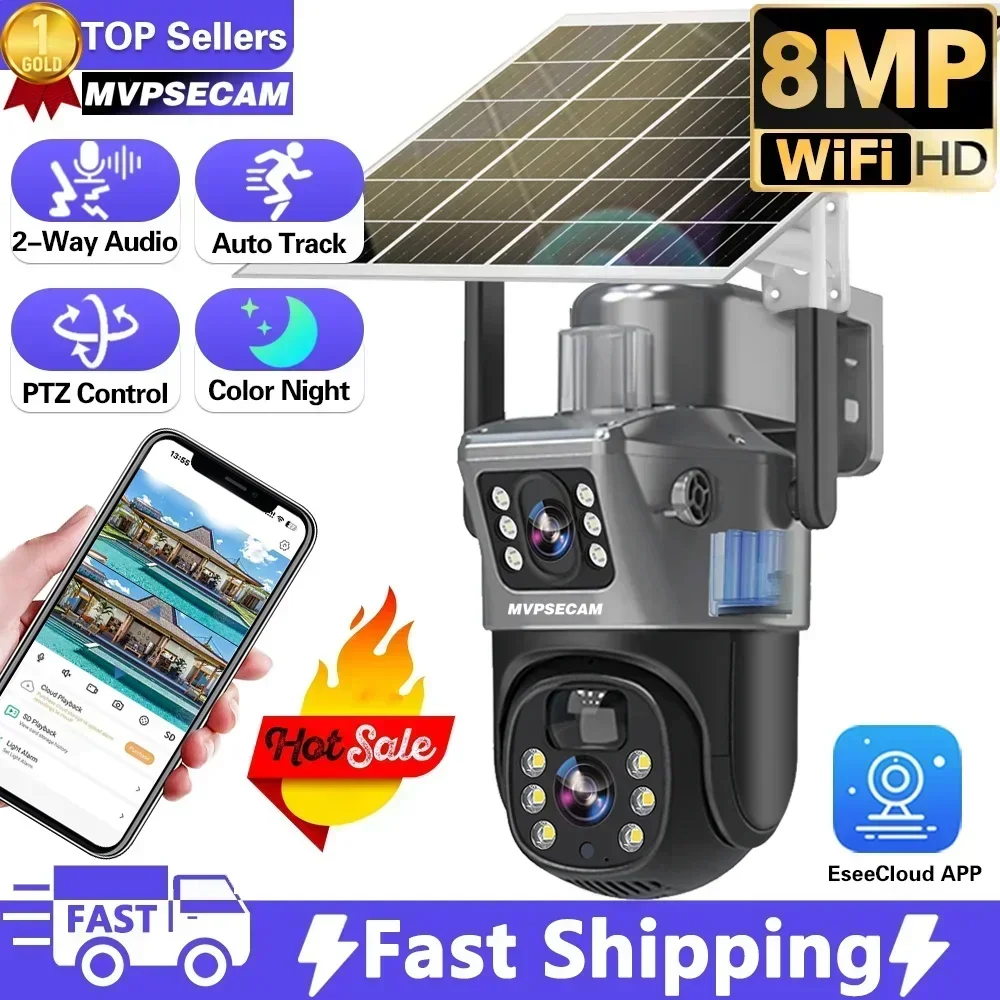 

4K 8MP Dual Lens Solar Camera Outdoor Security WiFi Surveillance Cameras With Solar Panel Auto Tracking PIR Detection PTZ Camera