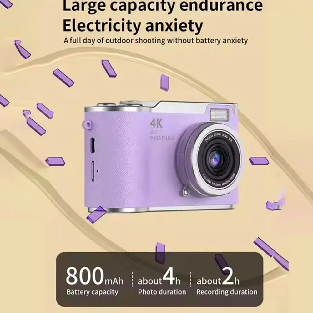 

Детская камера для селфи, цифровая камера 4K, 48 Мп, детская камера с автофокусом, 2,4 дюйма, откидной экран 180 ° Для детской туристической селфи-камеры E4e2