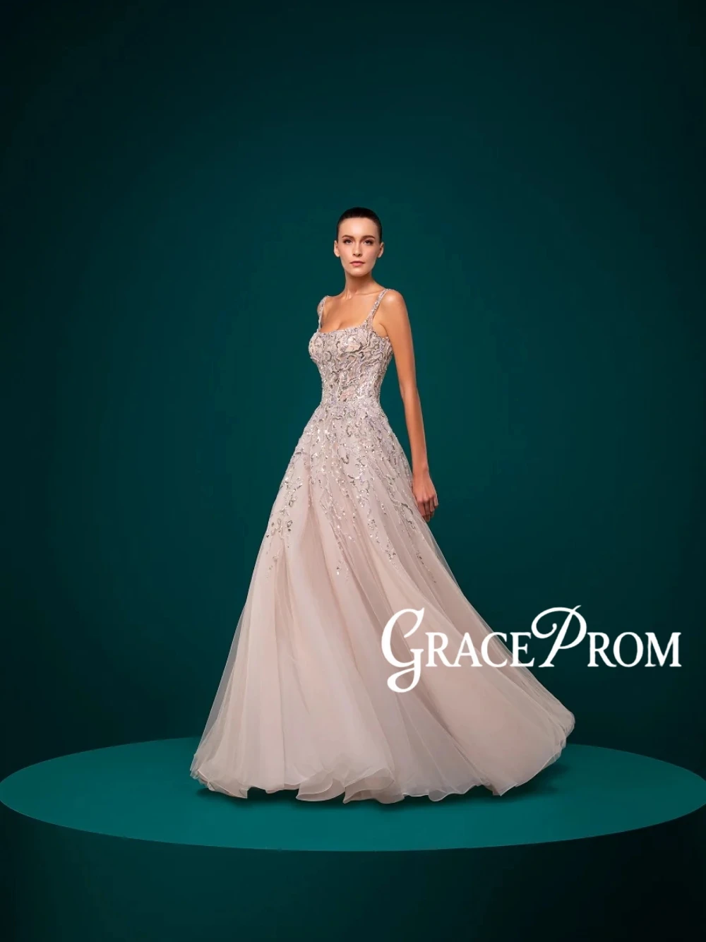 Elegant Square Neck Evening Dress Dubai A Line Beaded Sequined Customized Prom Gown Blush Pink Charming Banquet Women Wear