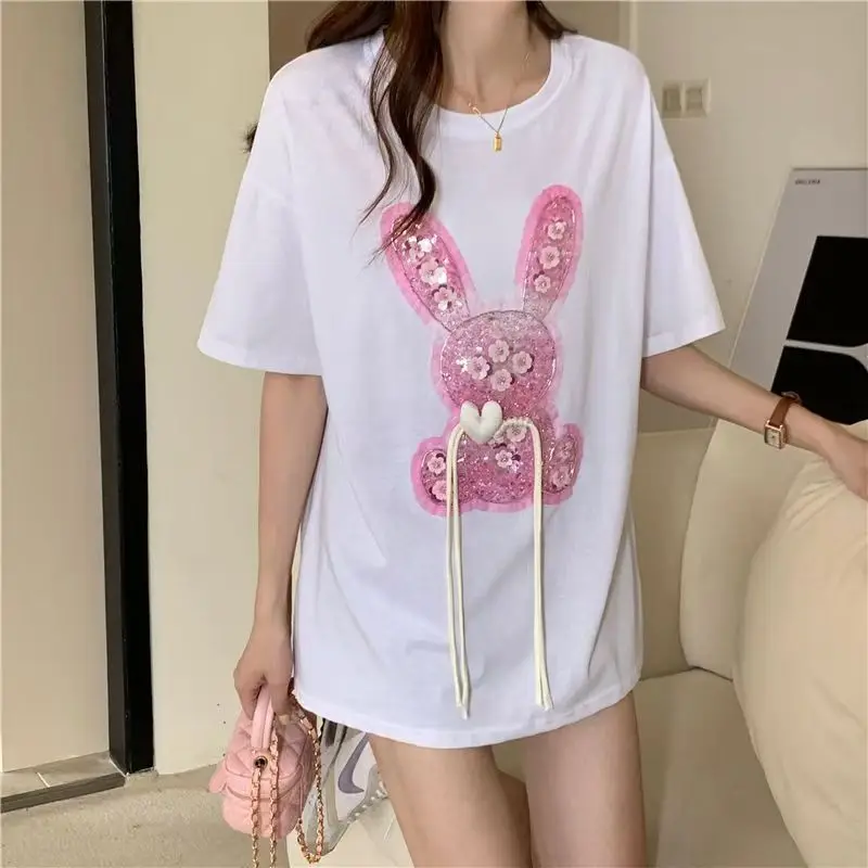 Pink Rabbit Cotton T-shirt Heavy Sequin Bowknot Cartoon Graphic T Shirt Summer Tees Tops Accessories Y2k Clothes Korean Casual