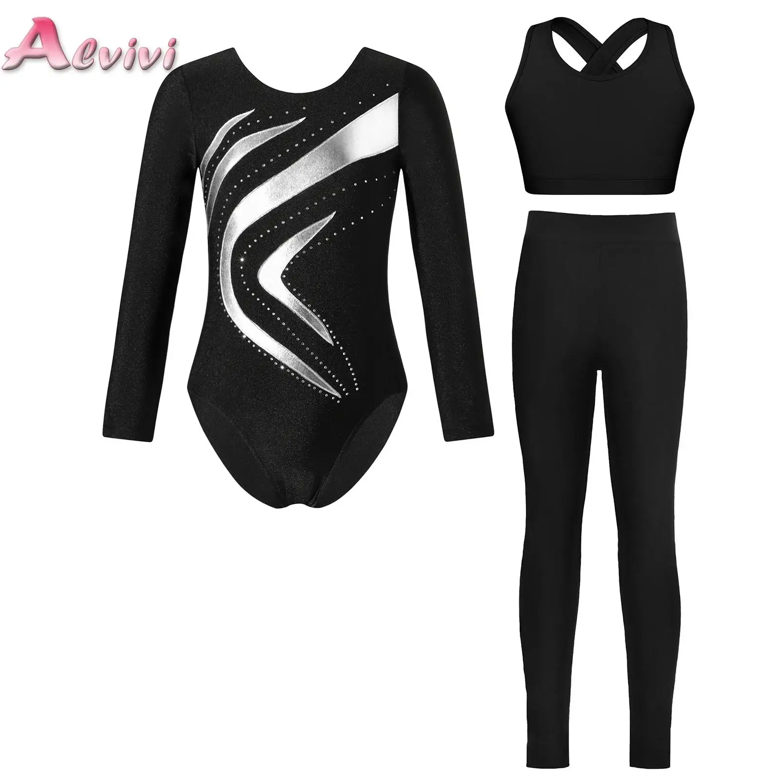 

Kids Girls 3-Piece Gymnastics Figure Skating Ballet Dance Outfit Long Sleeve Rhinestone Color Block Leotard+Vest+Leggings Set