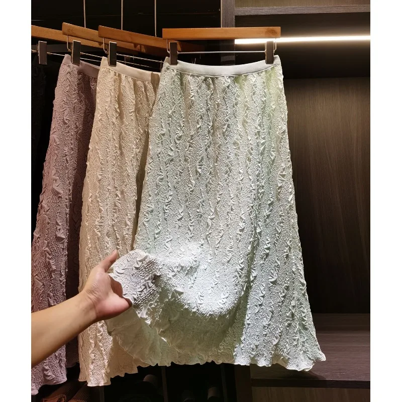 

Miyake Pleated Skirt 2026 Summer New High Waist A-Line Pleats Embossed Fold Jupe Solid Color Elastic Waist Versatile Slim Skirt