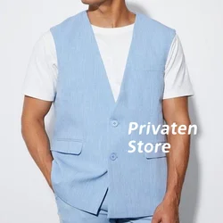 Chaleco de verano para hombre, chaqueta holgada con cuello en V, informal, cómoda, cárdigan azul de alta calidad, sin mangas