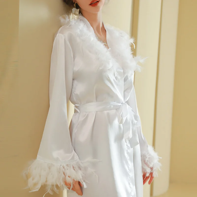 Lady Luxury Wedding Bride Dress Feather Collar Bathrobe Gown Long Sleeve Satin Home Clothes Spring Summer New Kimono Nightwear