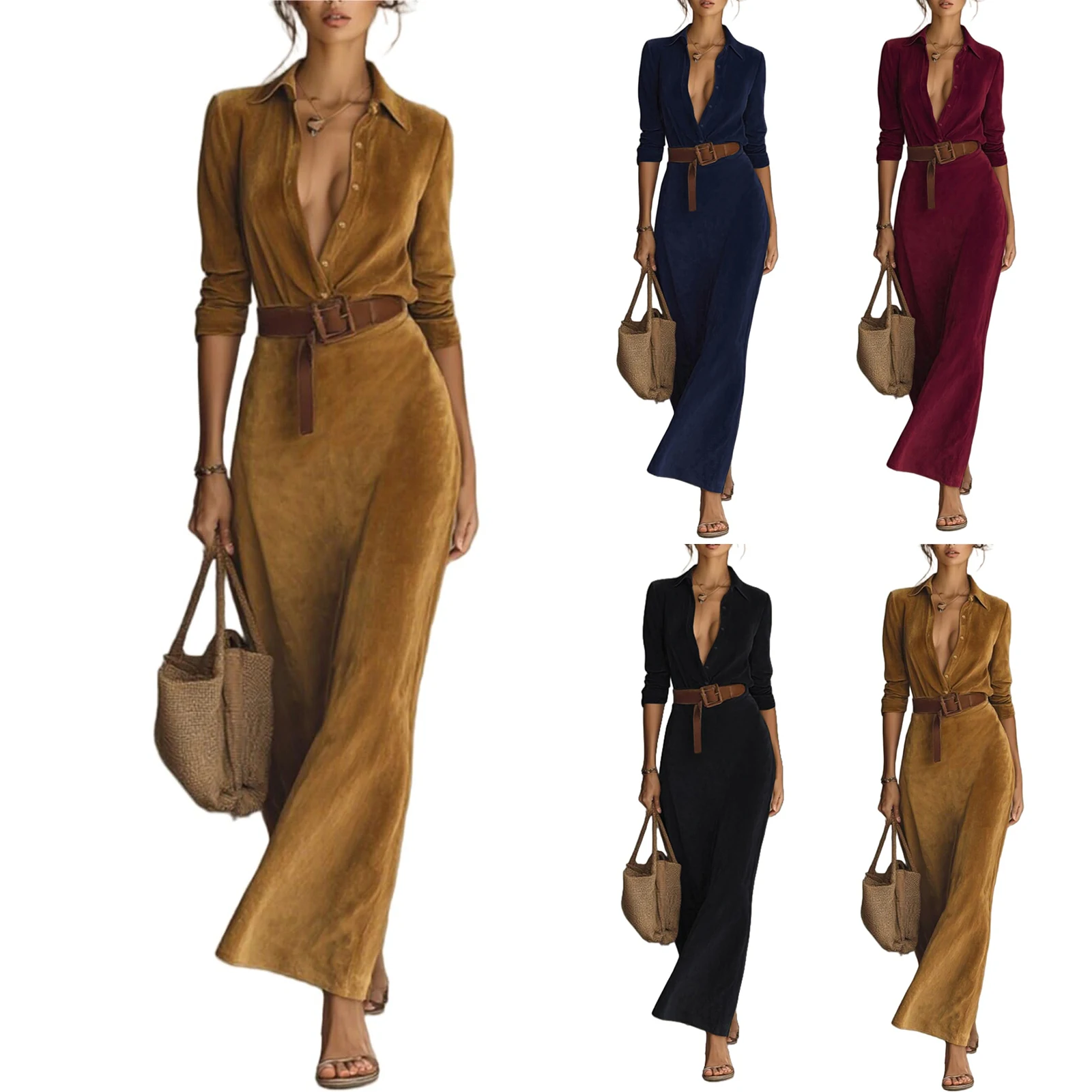 Women's Minimalist Solid Belted Lapel Shirts Dress Winter Long Sleeve High Waisted Suede Dress Female Casual Party Maxi Dresses