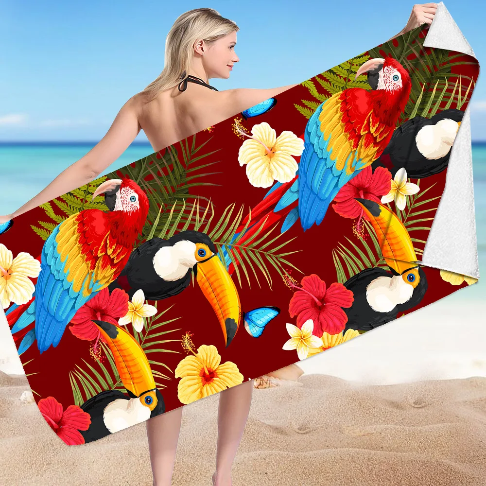 Summer Plant Parrot digital-printed polyester Superfine fiber double-sided fleece Beach vacation bath towel, beach towel