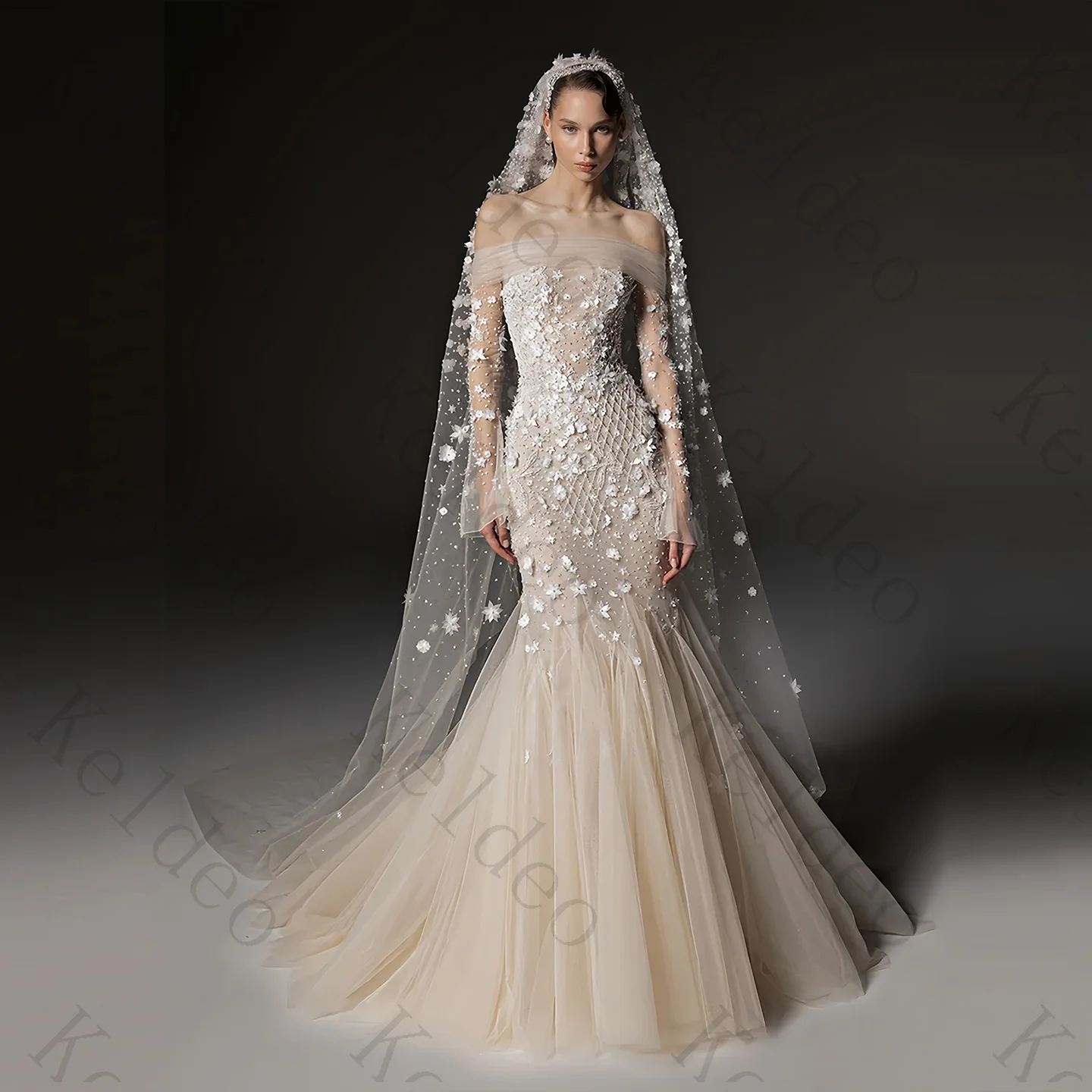 Customized Off The Shoulder Mermaid Long Sleeves Wedding Dresses Beaded Appliques Lace Tulle Open Back Floor‑Length Bridal Gowns