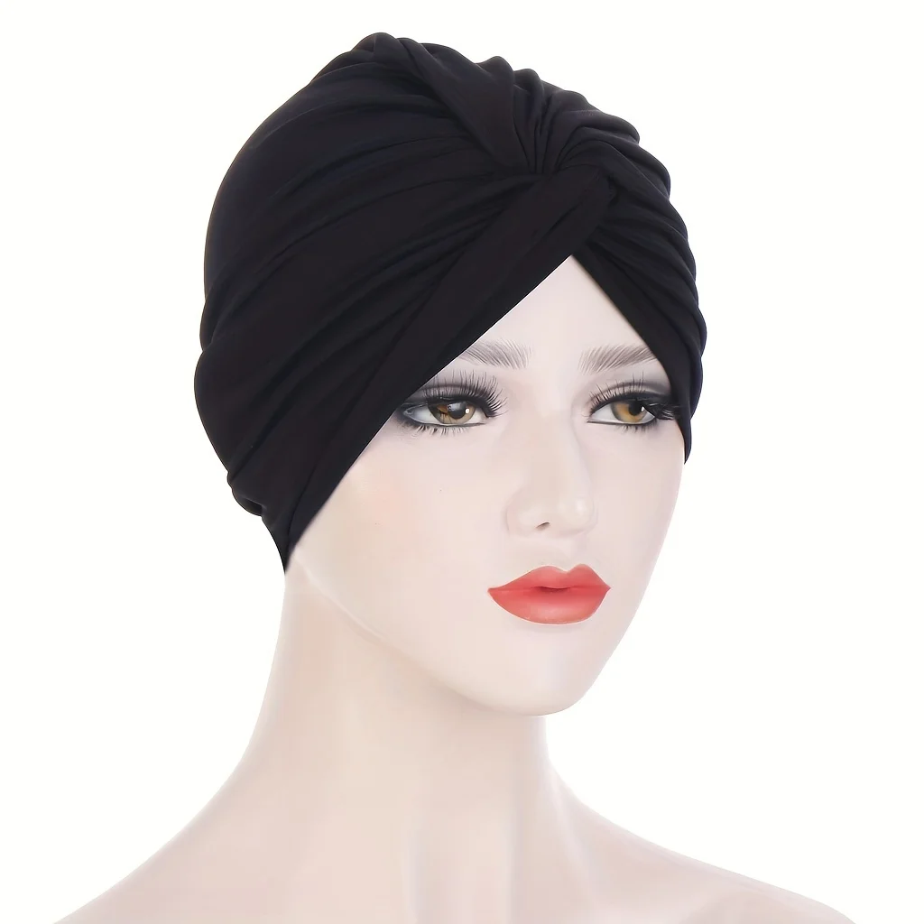 Women's Pleated Turban Hijabs Solid Color Pre-tie Breathable Head Wraps Fashion Stretchy Head Scarf Cap Chemo Hat