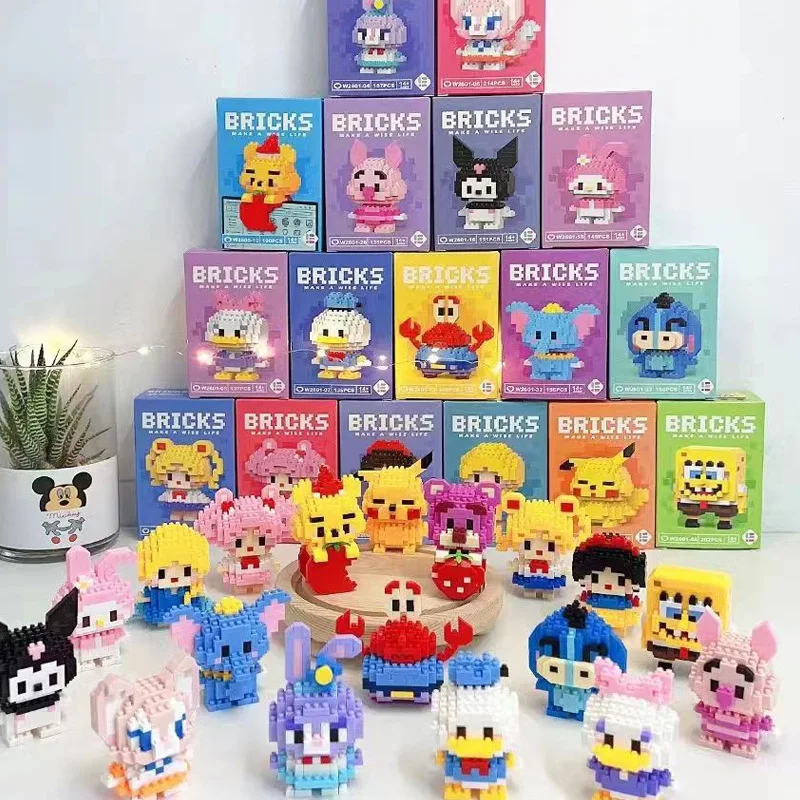 Disney StellaLou Anime Princess Building Blocks Stitch LinaBell Hello Kitty Figures Blocks Toys Bricks Assemble Toys Kids Gifts