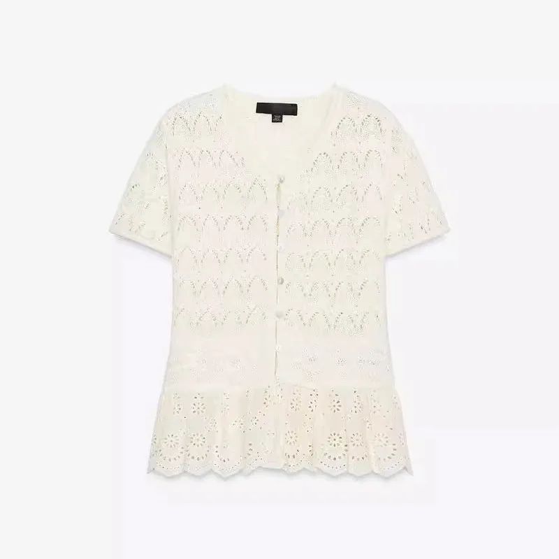 

Романтичный вязаный топ с вышивкой и ажурными элементами, женский, стандартной длины, А-силуэт, из полиэфирного волокна