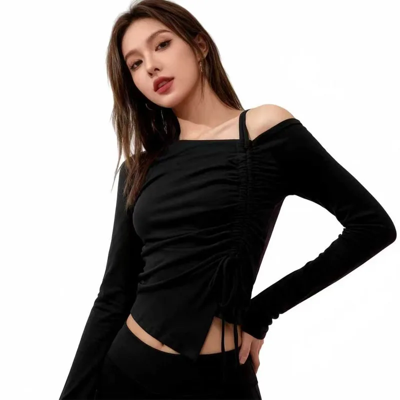 

Women T Shirt New Long Sleeve Skew Collar Lace-up Black Asymmetrical T-Shirt Women Tops Camisetas Clothes Women Clothing Q2023