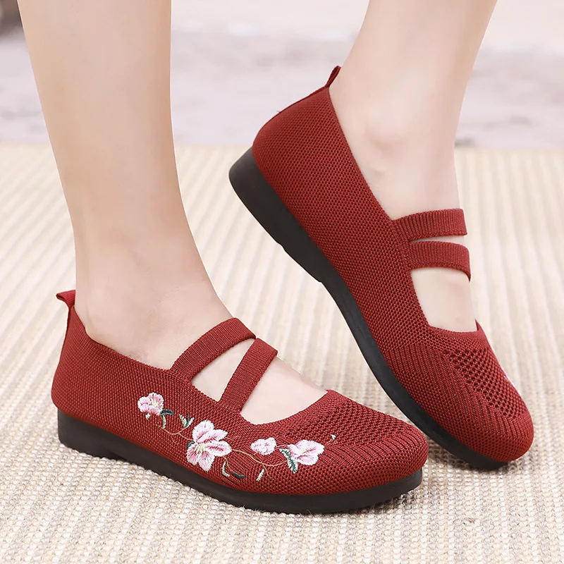 Sapatilhas roxas para mulheres, mocassins de malha, sandália Mary Janes, sapatilha aconchegante vovó, sapato de dança respirável, verão