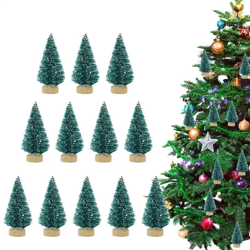 12Pcs  Mini Christmas Tree Artificial Wooden Christmas Tree Small Sisal Christmas Tree Snow Landscape Xmas Trees Tabletop Decor