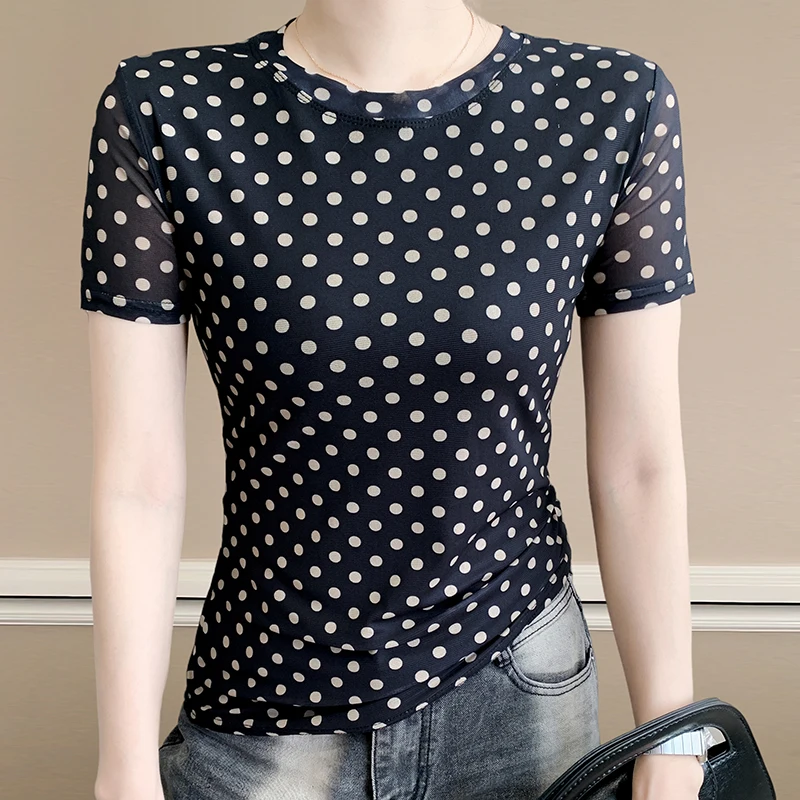 

Black,Summer,Korean,Style,T-Shirt,Fashion,Sexy,O-Neck,Print,Wave point,Women,Tops,Short Sleeve,Slim,All Match,New,Tees,561302