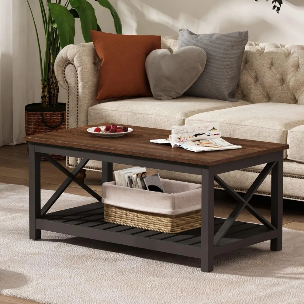 Coffee Table, Rustic Vintage Farmhouse Living Room Table with Shelf,