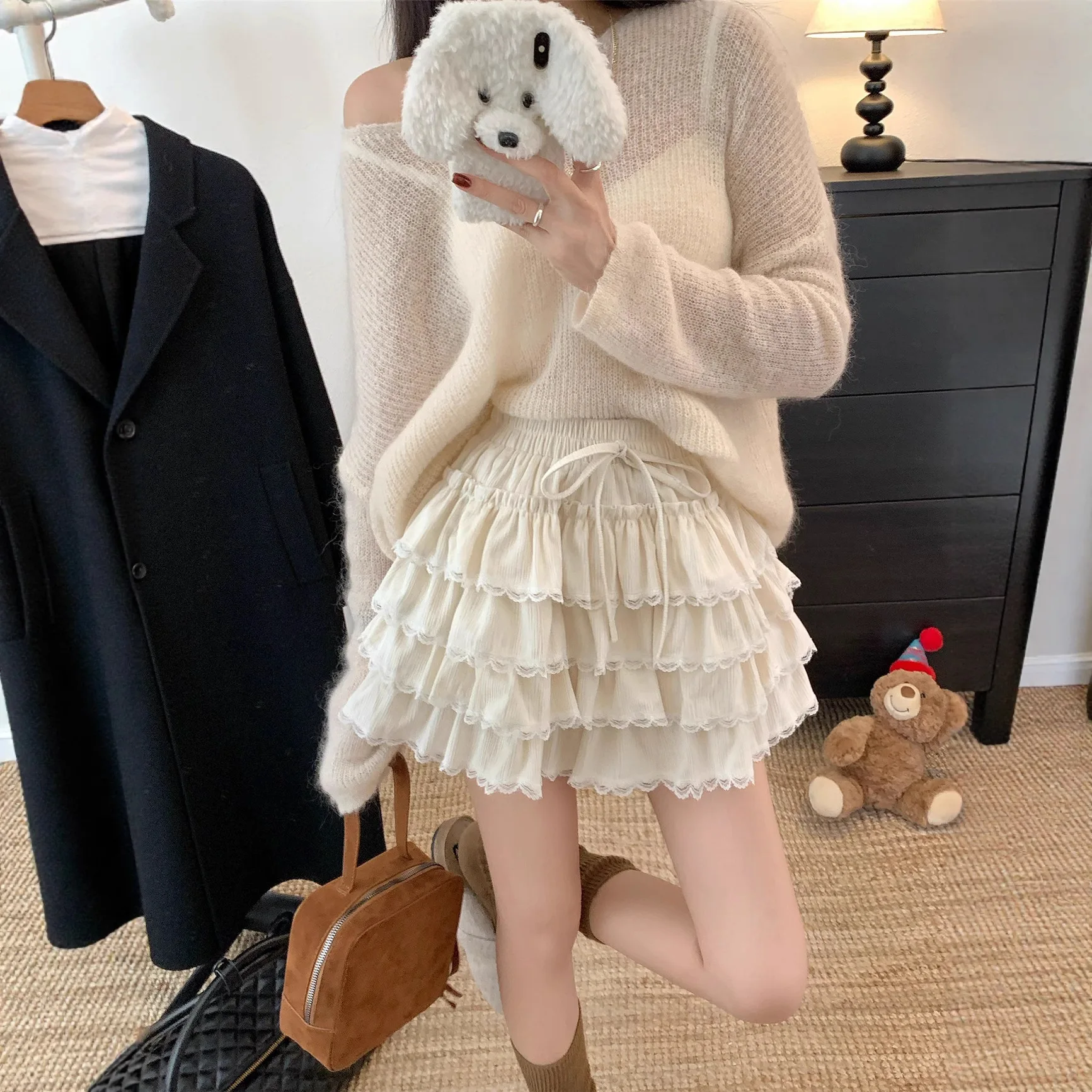Ballet Style High Waist Lace Trim Half Skirt Women Loose Slimming Short Cake Skirt Elegant Commute Pure Color Polyester Fiber