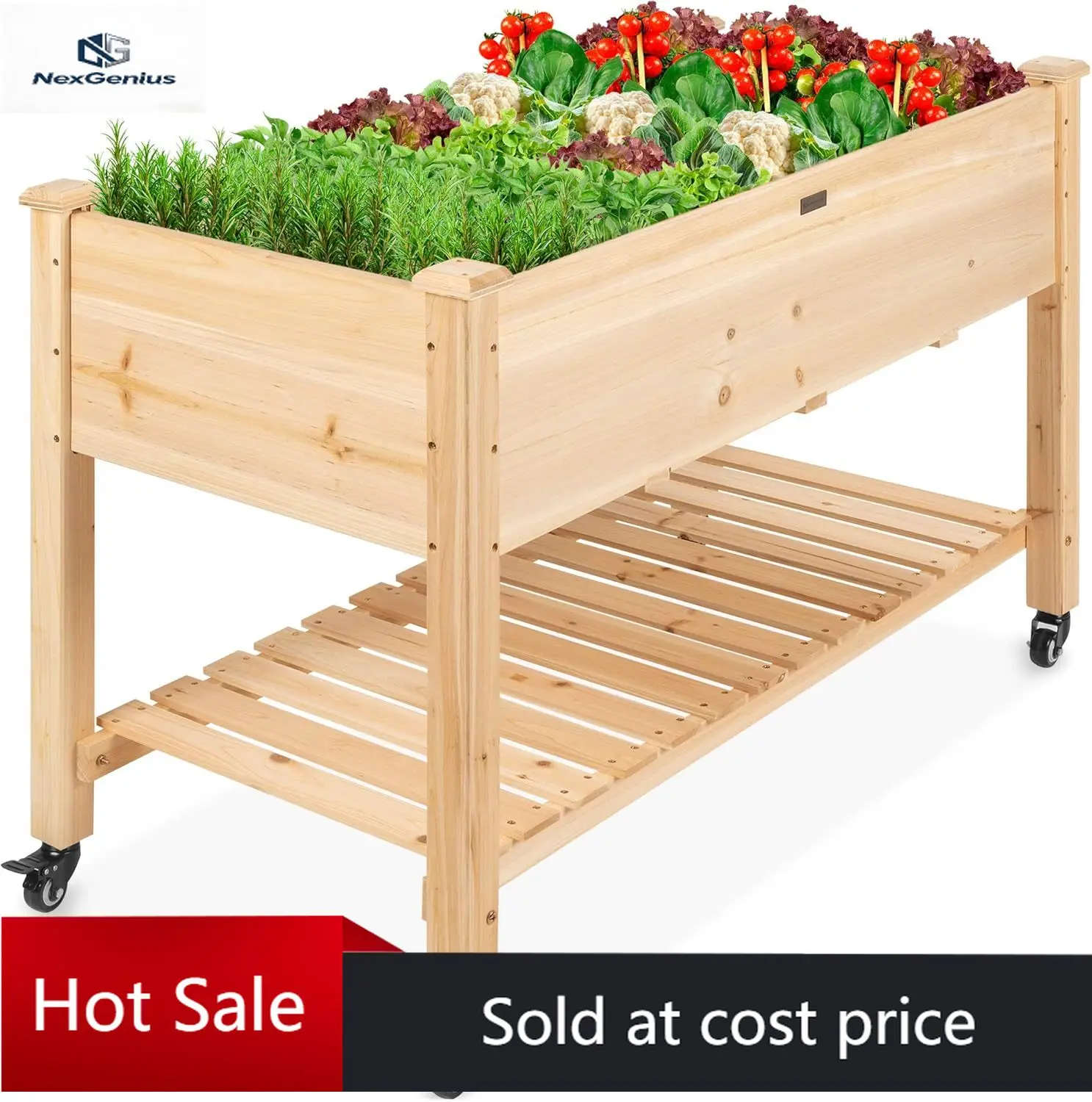 Best Choice Products Raised Garden Bed 48x24x32-inch Mobile Elevated Wood Planter w/Lockable Wheels, Storage Shelf, Protective L