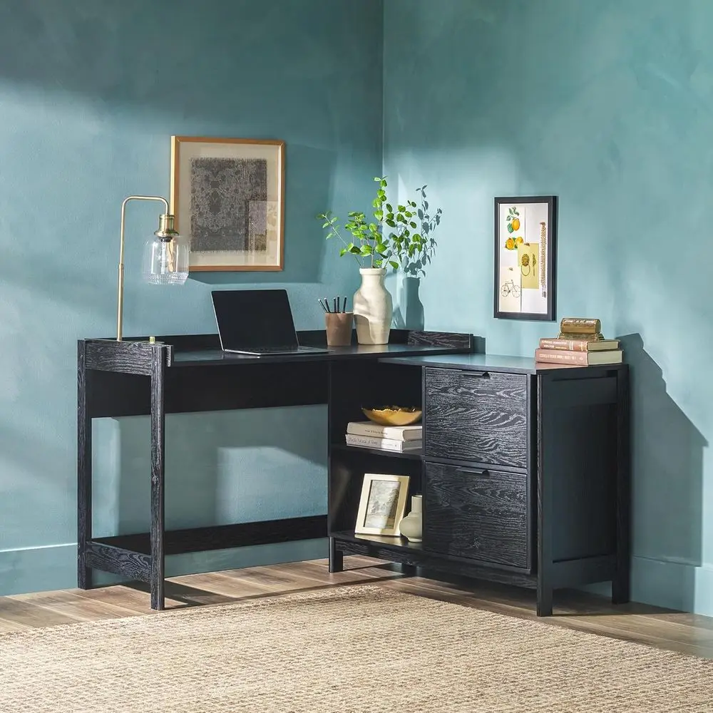 Transitional Office Design, Writing Desk with Drawers and Open Cubbies, Spacious Desktop, Reversible Fit, Complementary in Livin