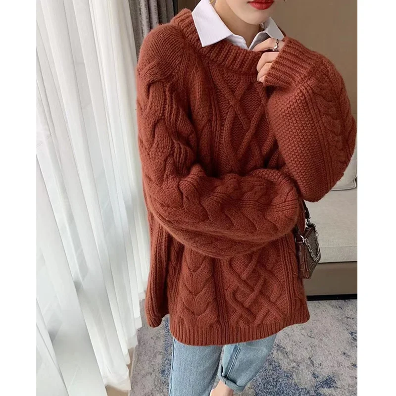 Round NECK twist flower cashmere sweater female autumn winter cover head thick sweater pure woolen sweater knitting outside wear