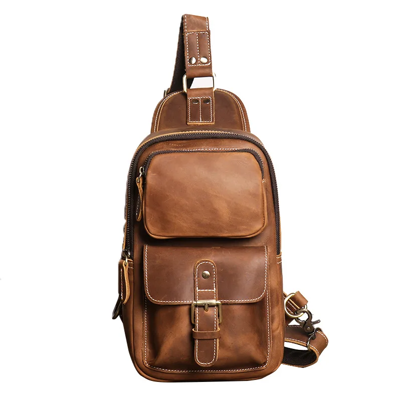 حقيبة صدر من جلد الحصان المجنون للرجال من ريترو للرياضات الخارجية، حقيبة صدر للرجال متعددة الوظائف ذات سعة كبيرة #5