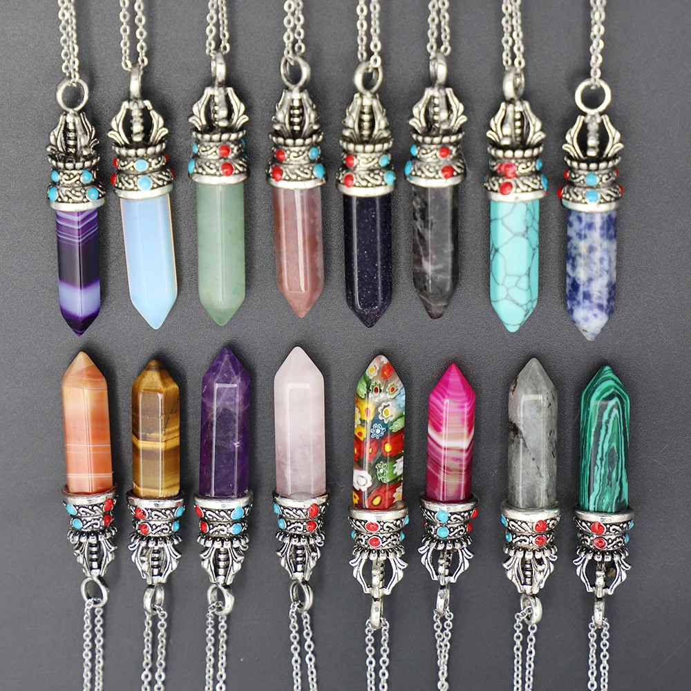 

Natural Stone Crystal Pendant Silver Crown Warhead Hexagon Column Necklace Creative Jewelry Making Accessories Wholesale 10P/Lot
