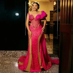 Pretty Hot Pink Aso Ebi Style Wedding Party Dresses Plus Size African Beaded Lace Formal Occasion Dress 2024 Nigerian Prom Gowns