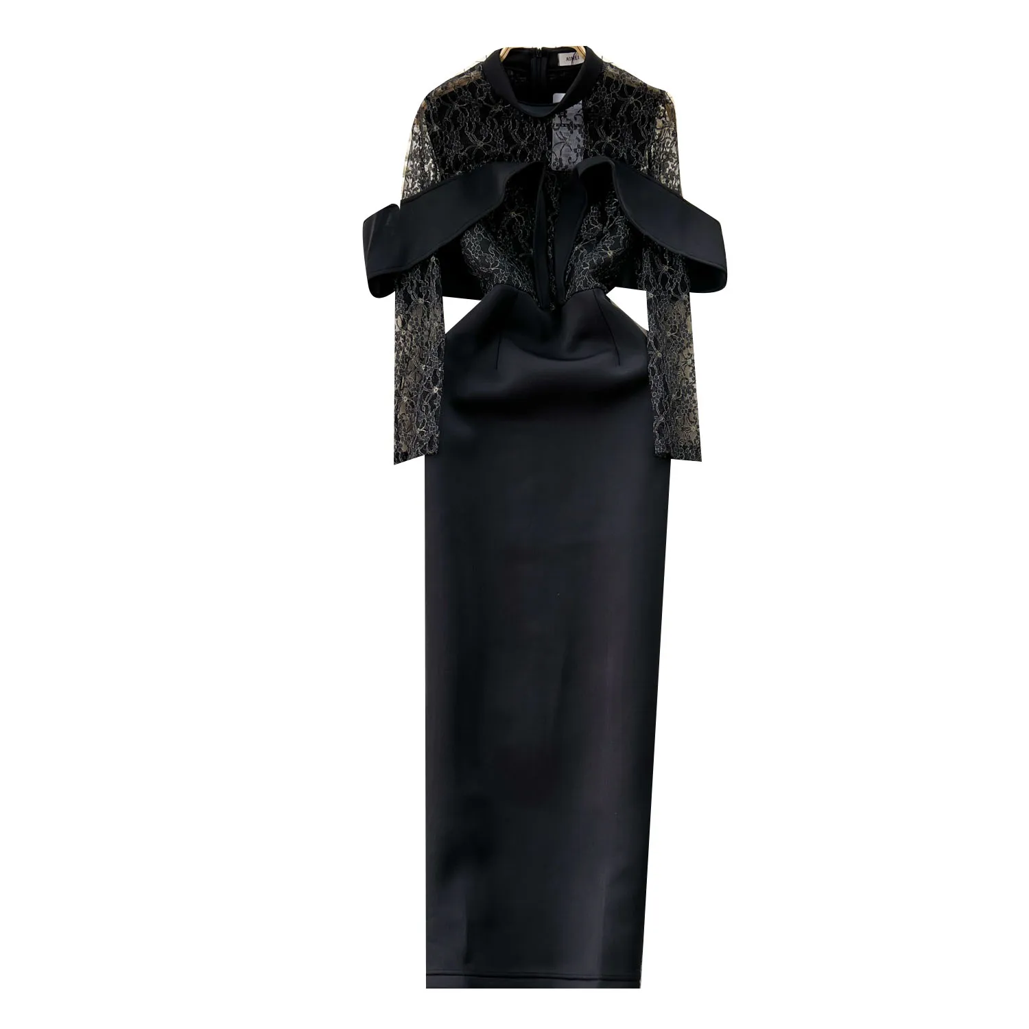 Fashion Elegant And Vintage Hepburn Style Long Evening Party Dress For Female Black Lace Patchwork With Waistband Slim Fit Dress