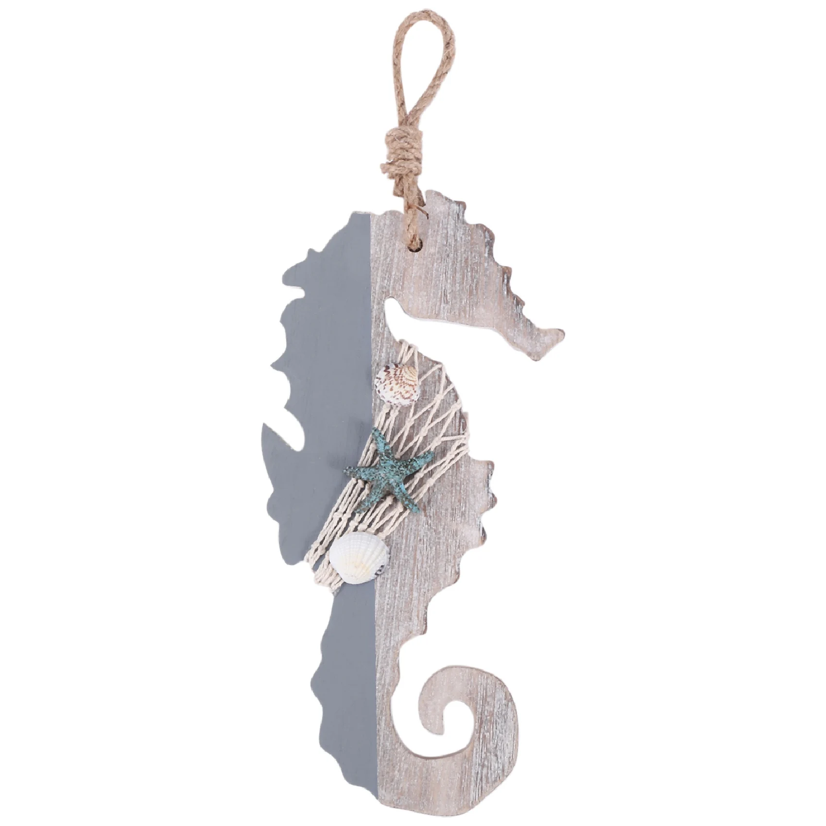 Wooden Decor Seahorse with Starfish and Shells for Nautical Decoration,Wall Hanging Ornament Beach Theme Home Decoration