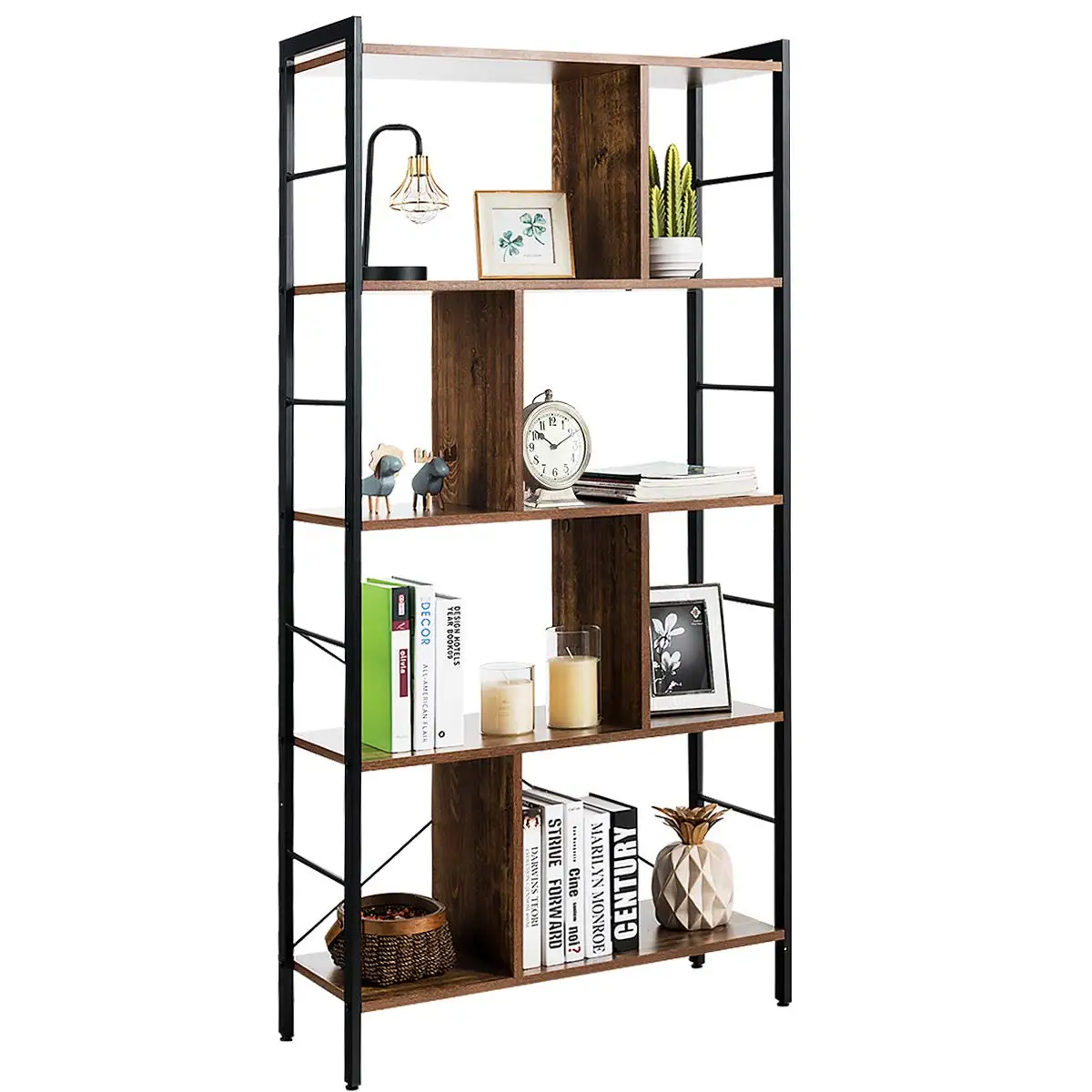 5 Tier Industrial Bookshelf Metal Frame Display Shelves Home Office Storage Rack Wood Unit, Customized