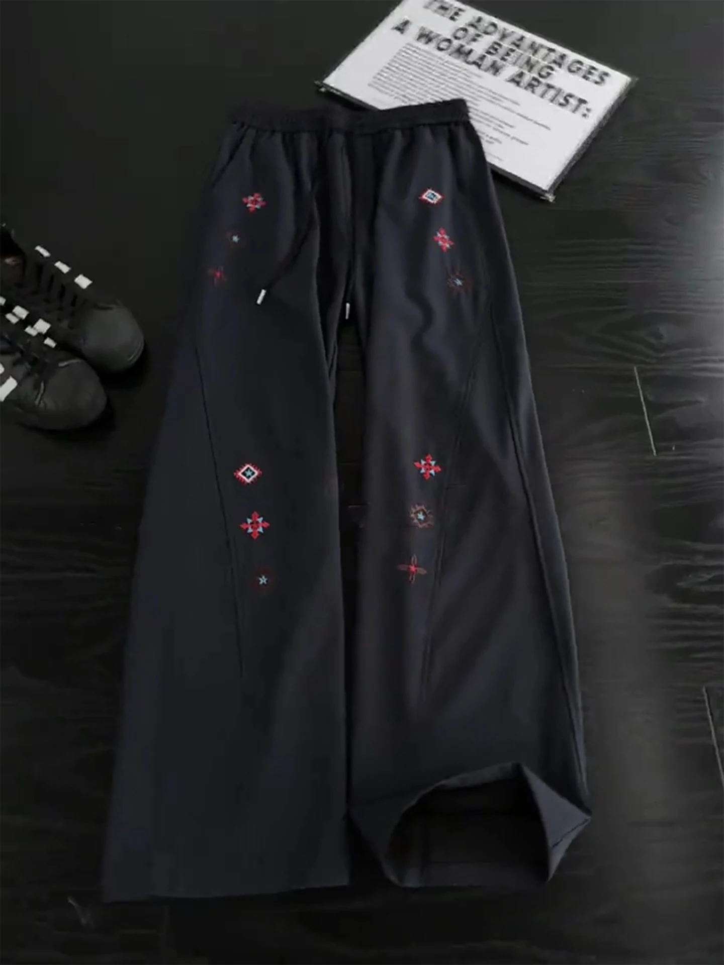 Quick Dry Ice Silk Men's Summer Casual Pants Slanted Cut Embroidery Bootcut Knife  American Sport Leisure Trousers