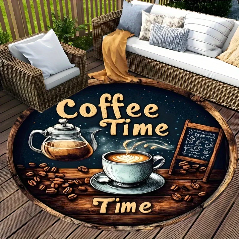 Retro Circular Floor Mat Coffee Time Latte Coffee Bean Teapot Vintage Wooden Border Printed Round Rug for Kitchen Cafe Home