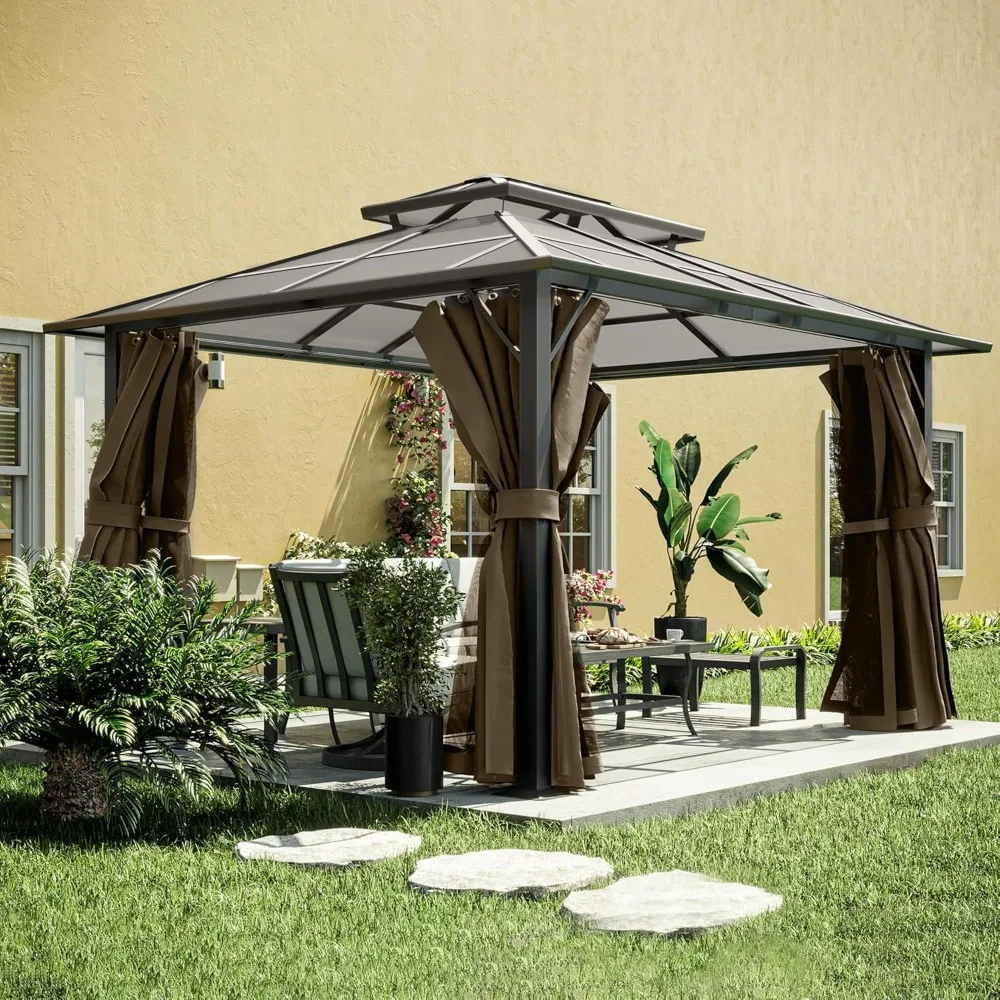 

10x12 FT Hardtop Gazebo, Polycarbonate Double Roof with Netting and Curtains, Metal Aluminum Outdoor Gazebo, Pergolas