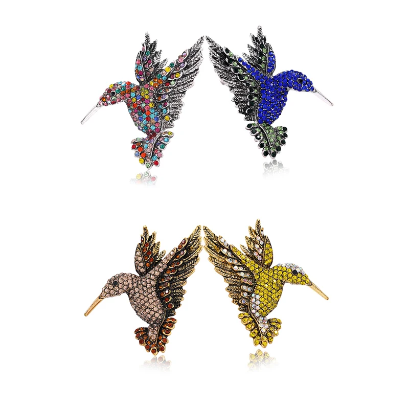 New retro high-grade all rhinestone hummingbird brooch shiny crystal bird animal pin men and women hundred with jewelry gifts