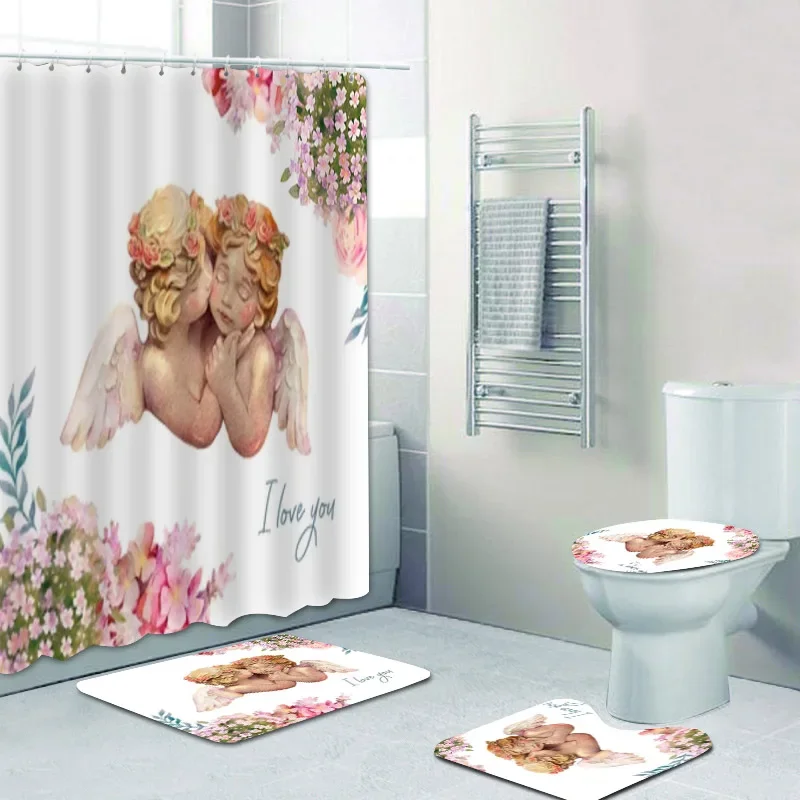 

Watercolored Cute Angels Cherub Curtain Shower Curtains Set Floral Cupid Angel Wings Fairy Bathroom Curtain Set Mats Home Decor