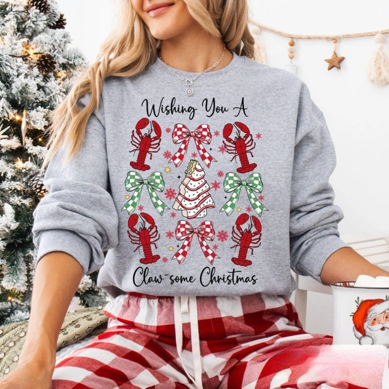 Garra de langosta, suéter navideño feo para mujer, divertido cuello redondo, manga larga, moda informal, Tops térmicos con capucha para otoño e invierno
