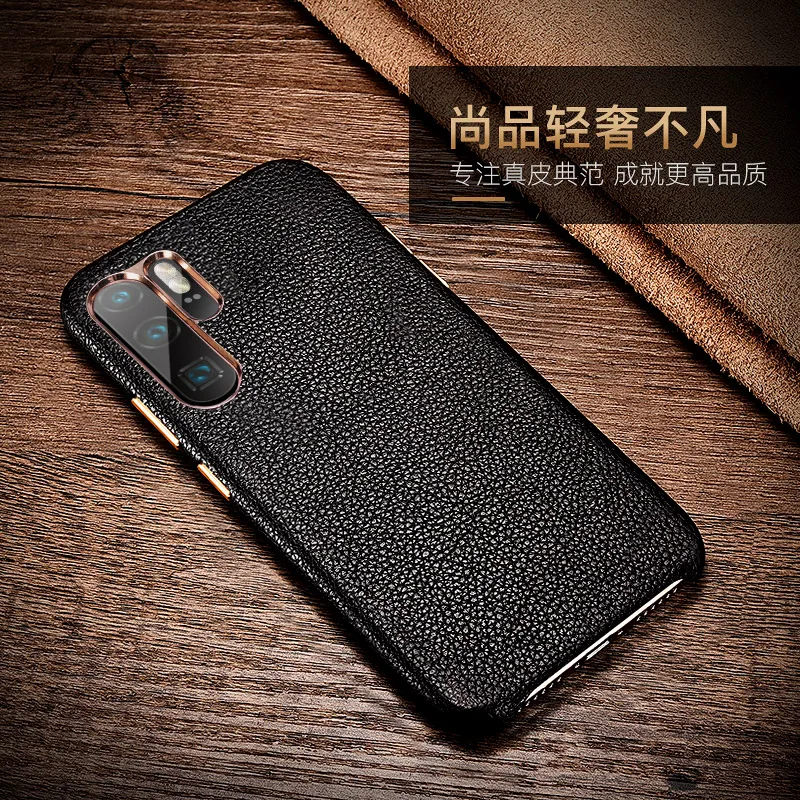 For Huawei P30 / P30 Pro Business Retro Genuine Leather Cover Real Natural Cowhide Cow Skin Phone Case Electroplating Button