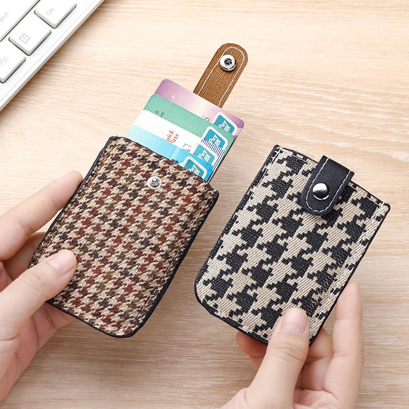 Pull-out Multi-slot Card Holder, Ultra-thin Portable Large Capacity Houndstooth Card Case for Women,Fits ID Cards and Bank Cards