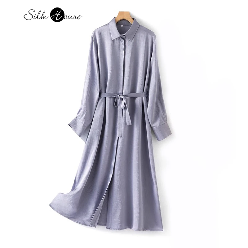 High Grade Misty Blue 100% Natural Mulberry Silk Pearl Satin Shirt Style Lapel Long Sleeved Women\'s Fashionable Dress